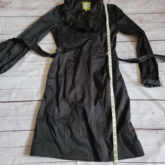 Elizabeth Mckay Scotland Wrap Dress Black Belted Ruffle Neckline Knee Length 6 - Picture 5 of 7